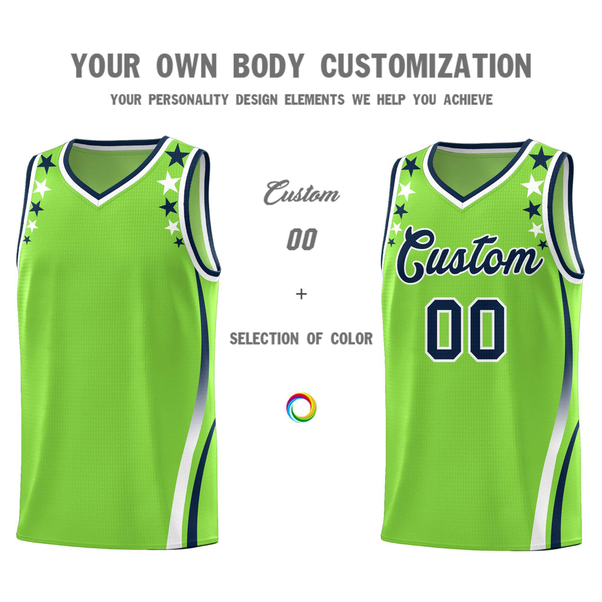 Custom Neon Green Shoulders Star Pattern Side Color Block Sports Uniform Basketball Kits