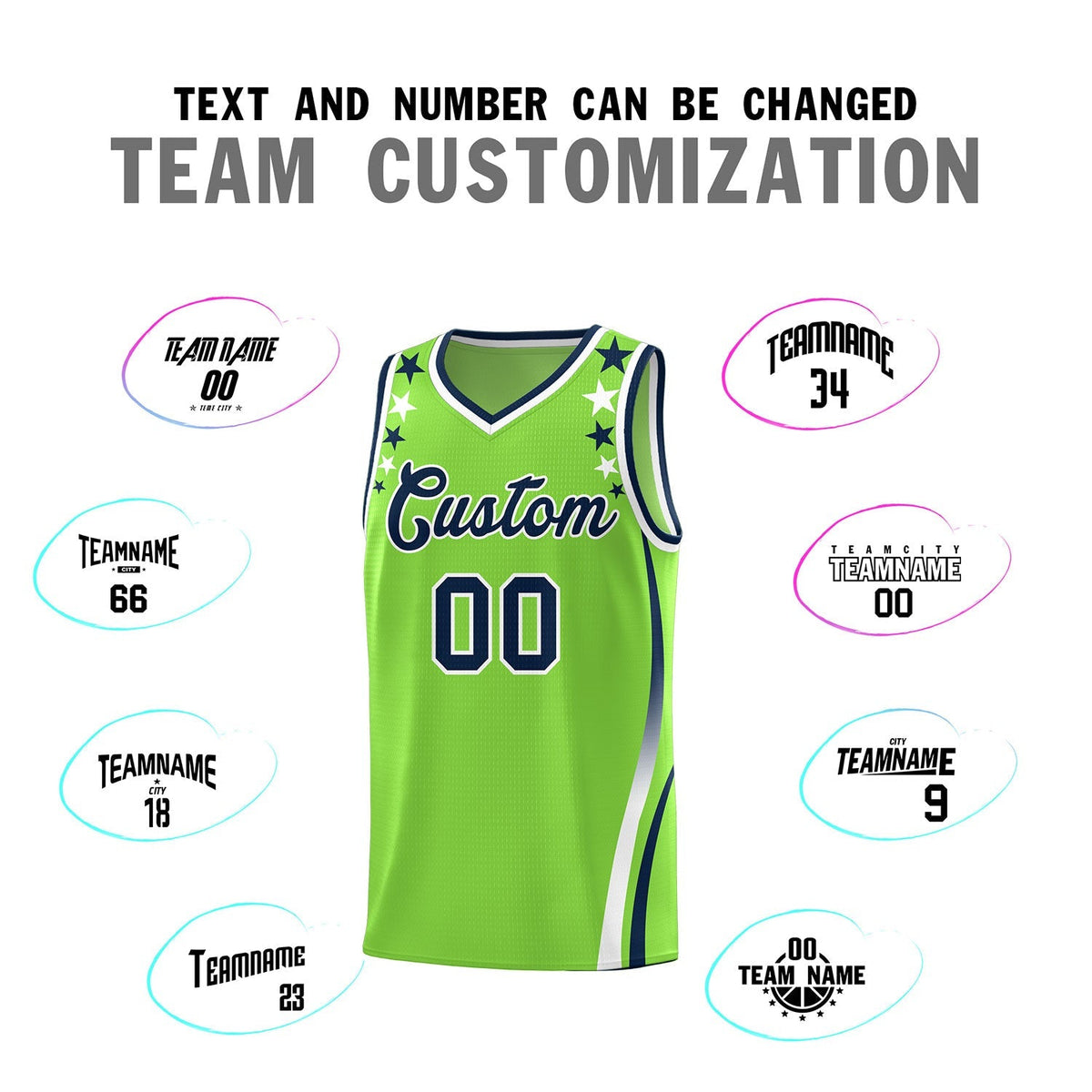 Custom Neon Green Shoulders Star Pattern Side Color Block Sports Uniform Basketball Kits