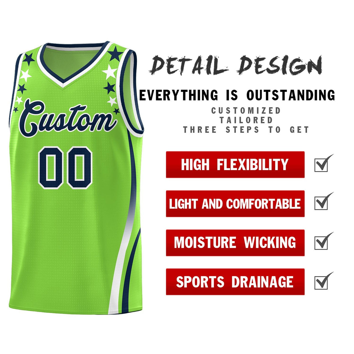 Custom Neon Green Shoulders Star Pattern Side Color Block Sports Uniform Basketball Kits