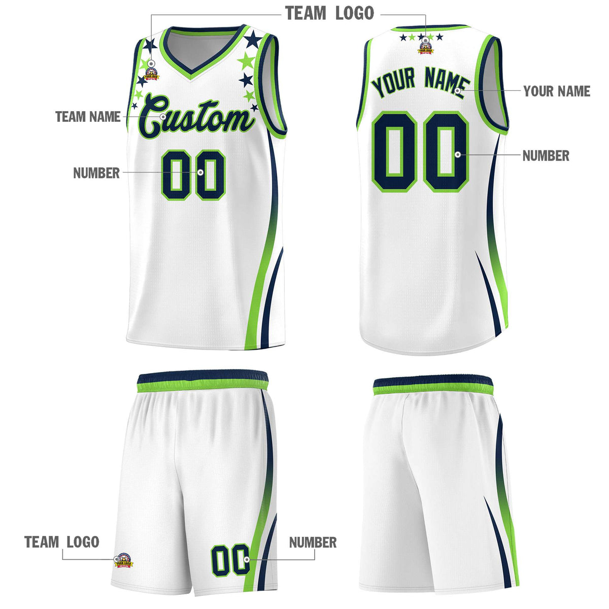 Custom White Shoulders Star Pattern Side Color Block Sports Uniform Basketball Kits