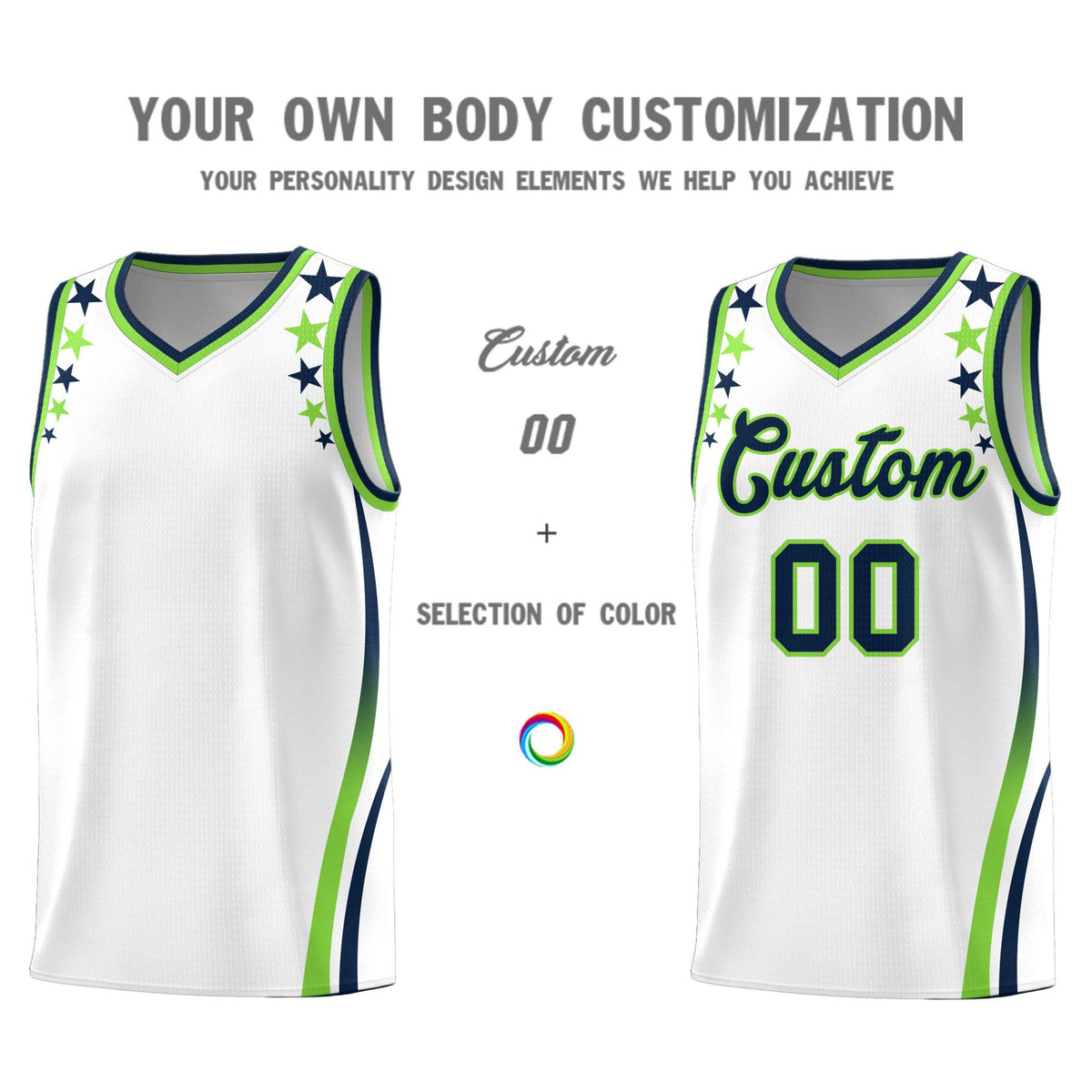 Custom White Shoulders Star Pattern Side Color Block Sports Uniform Basketball Kits