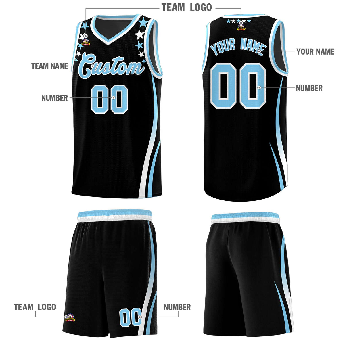 Custom Black Shoulders Star Pattern Side Color Block Sports Uniform Basketball Kits