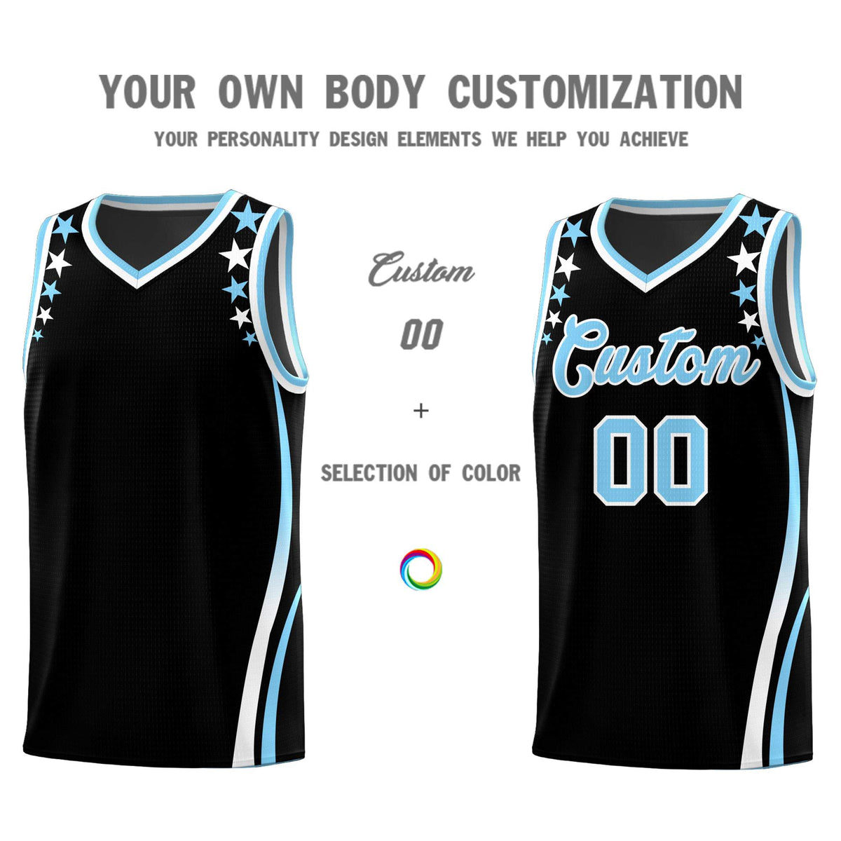 Custom Black Shoulders Star Pattern Side Color Block Sports Uniform Basketball Kits