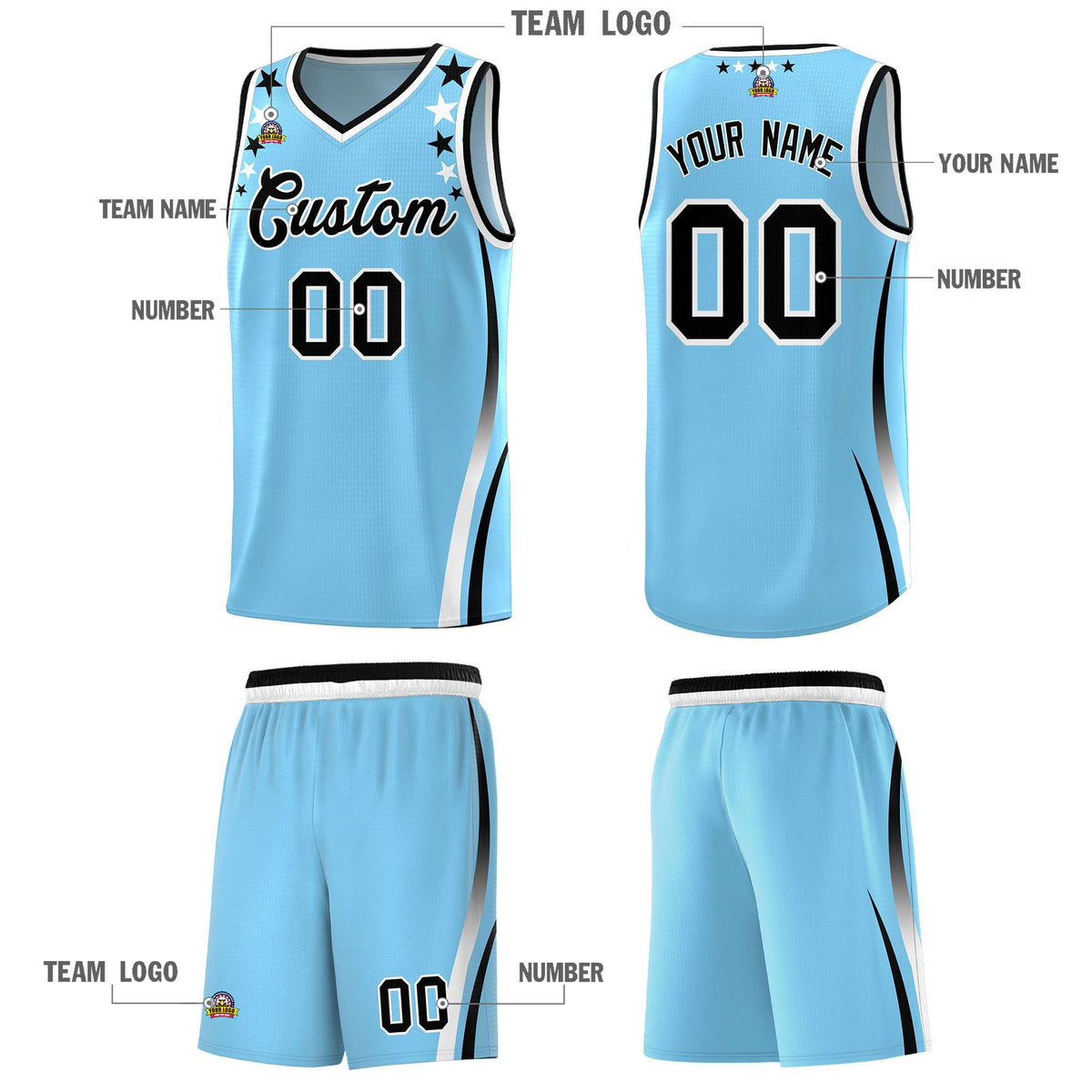 Custom Light Blue Shoulders Star Pattern Side Color Block Sports Uniform Basketball Kits