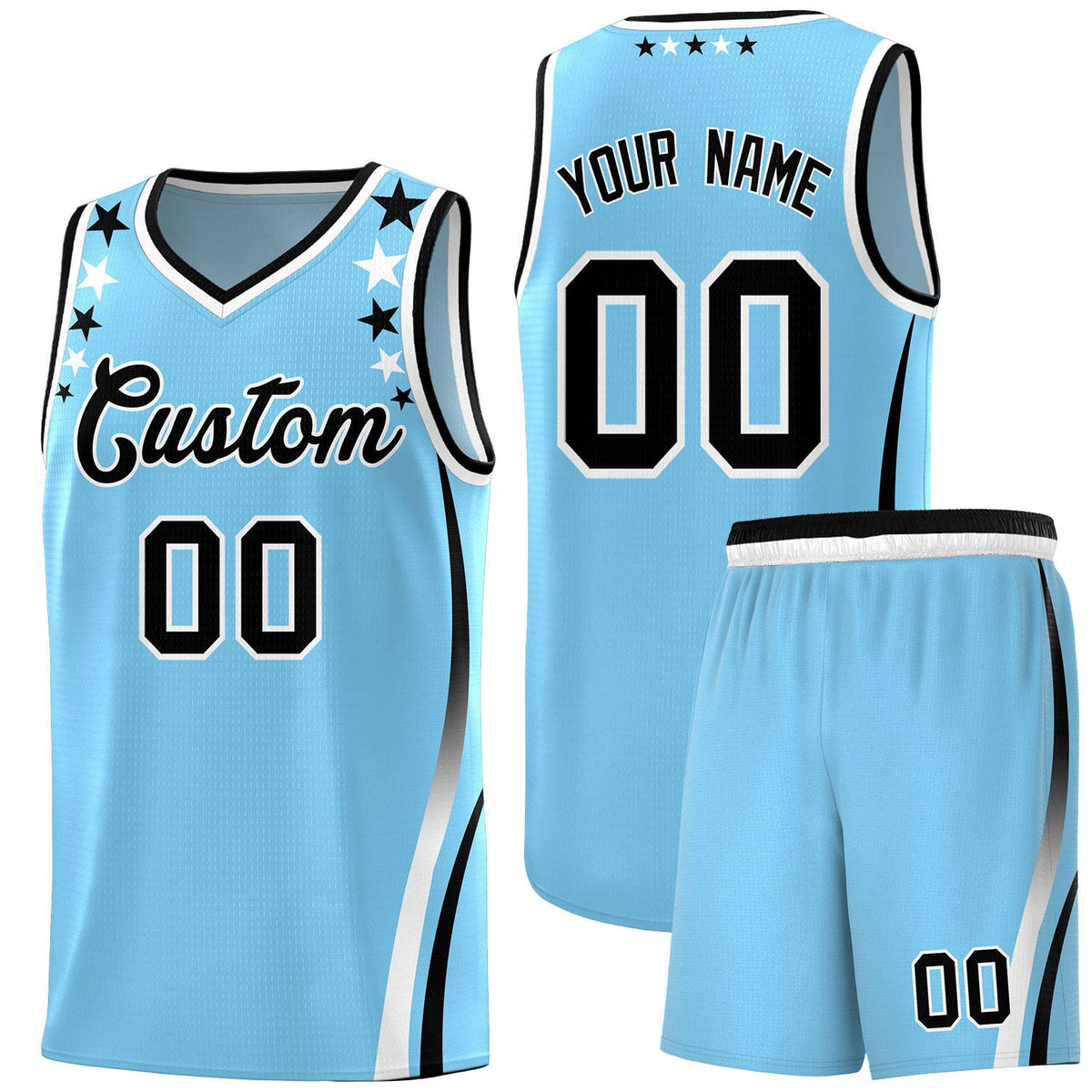 Custom Light Blue Shoulders Star Pattern Side Color Block Sports Uniform Basketball Kits