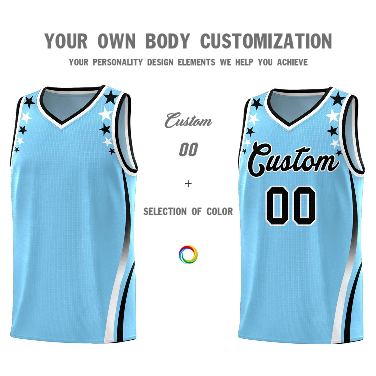 Custom Light Blue Shoulders Star Pattern Side Color Block Sports Uniform Basketball Kits