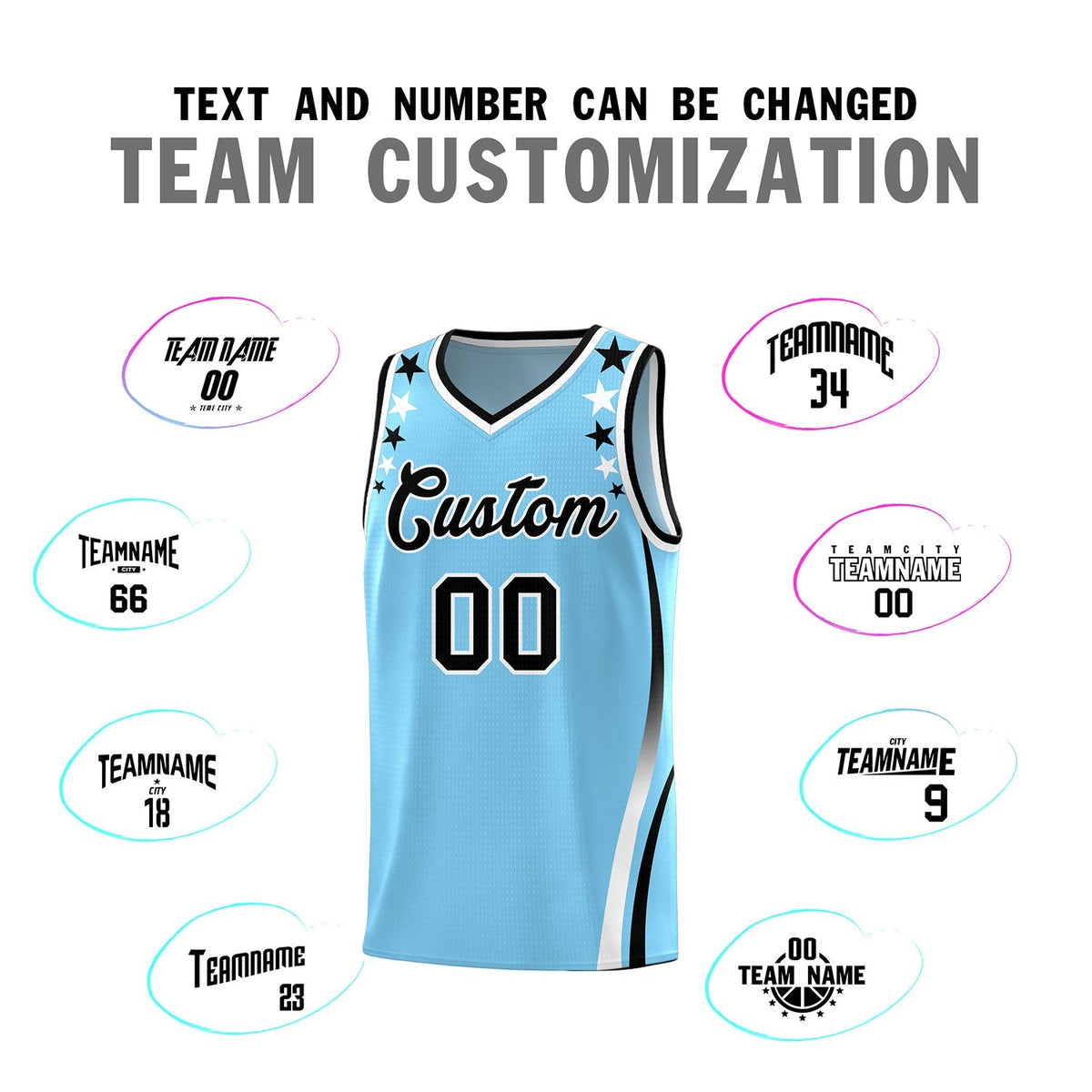 Custom Light Blue Shoulders Star Pattern Side Color Block Sports Uniform Basketball Kits