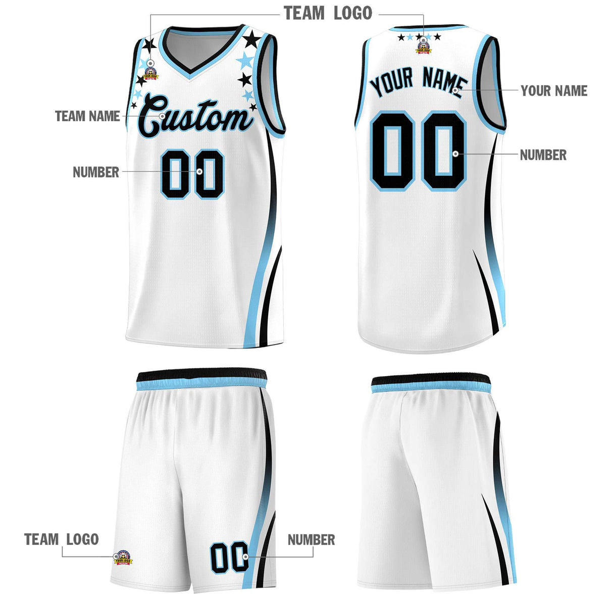 Custom White Shoulders Star Pattern Side Color Block Sports Uniform Basketball Kits