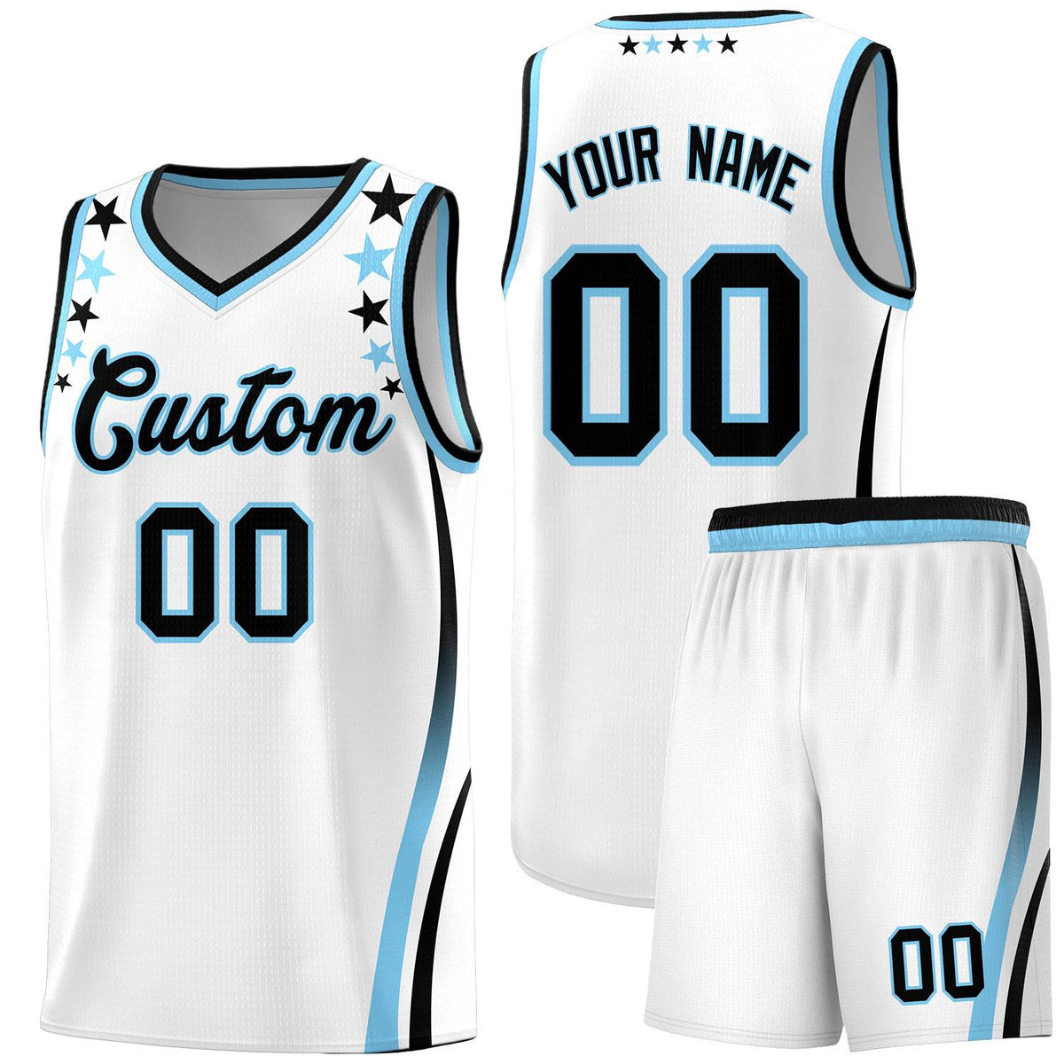 Custom White Shoulders Star Pattern Side Color Block Sports Uniform Basketball Kits