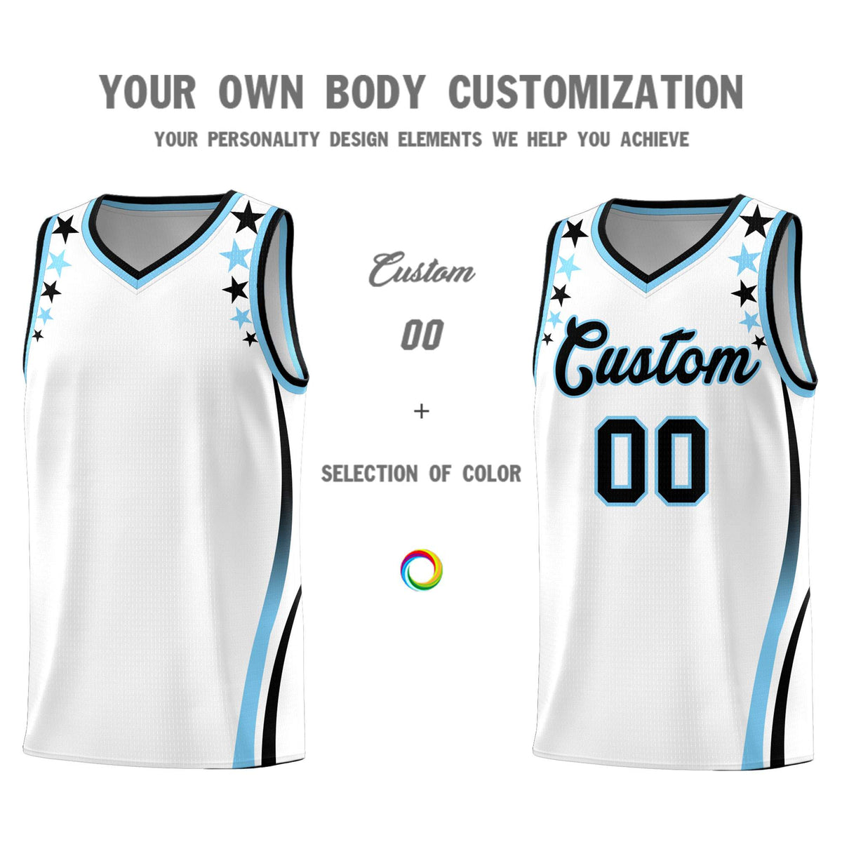 Custom White Shoulders Star Pattern Side Color Block Sports Uniform Basketball Kits