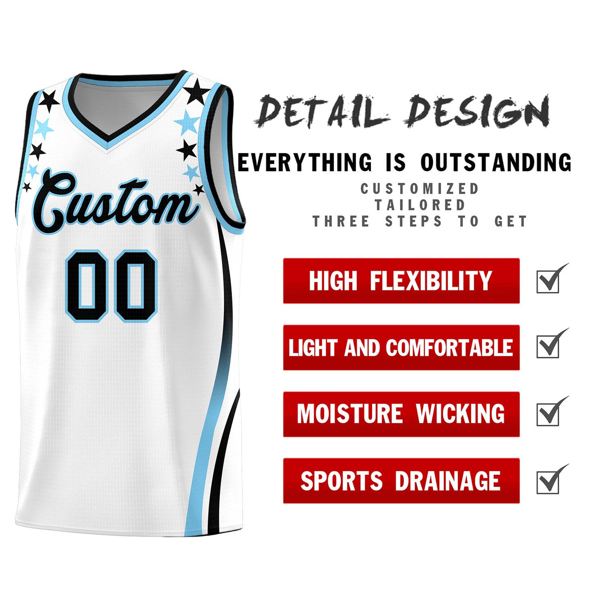 Custom White Shoulders Star Pattern Side Color Block Sports Uniform Basketball Kits