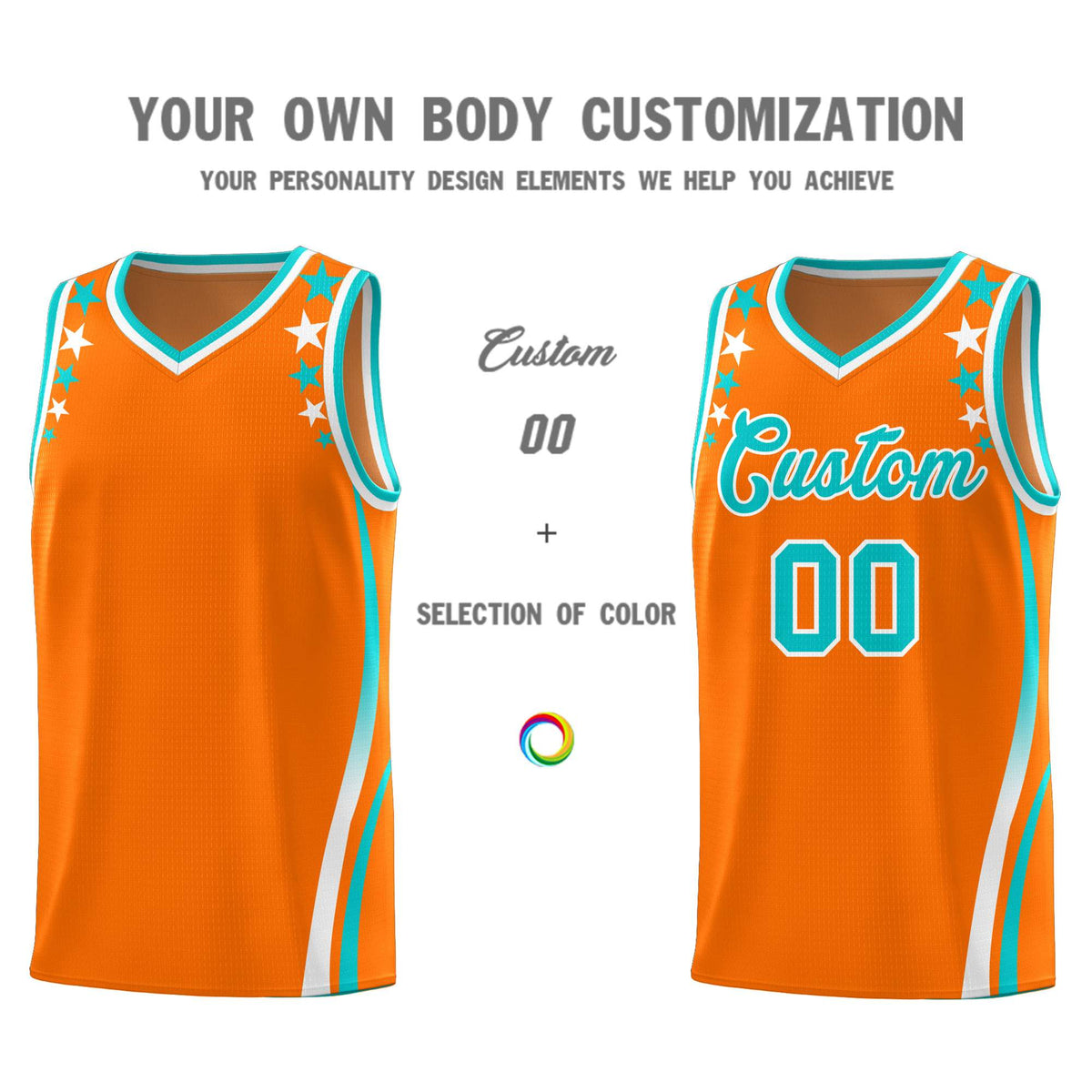 Custom Orange Shoulders Star Pattern Side Color Block Sports Uniform Basketball Kits
