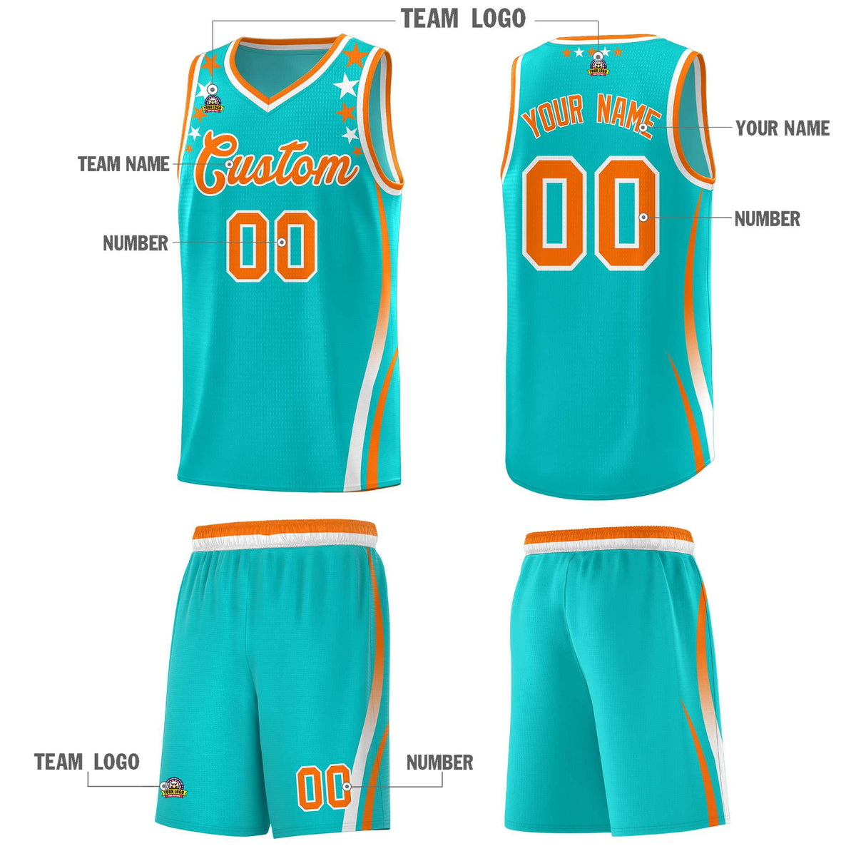 Custom Sky Blue Shoulders Star Pattern Side Color Block Sports Uniform Basketball Kits