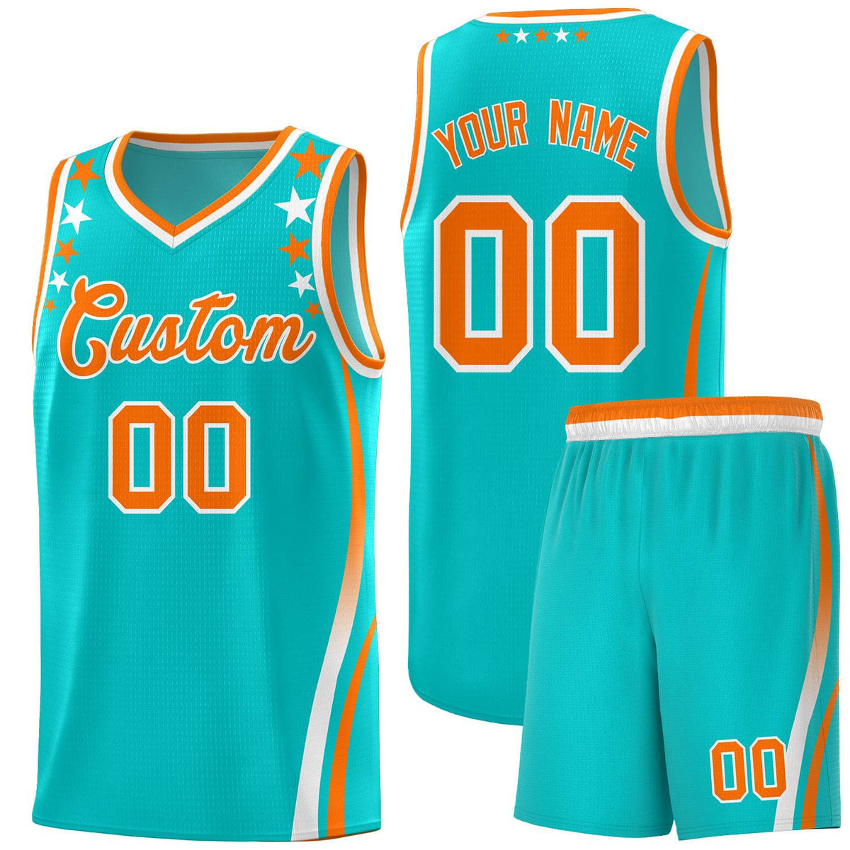 Custom Sky Blue Shoulders Star Pattern Side Color Block Sports Uniform Basketball Kits