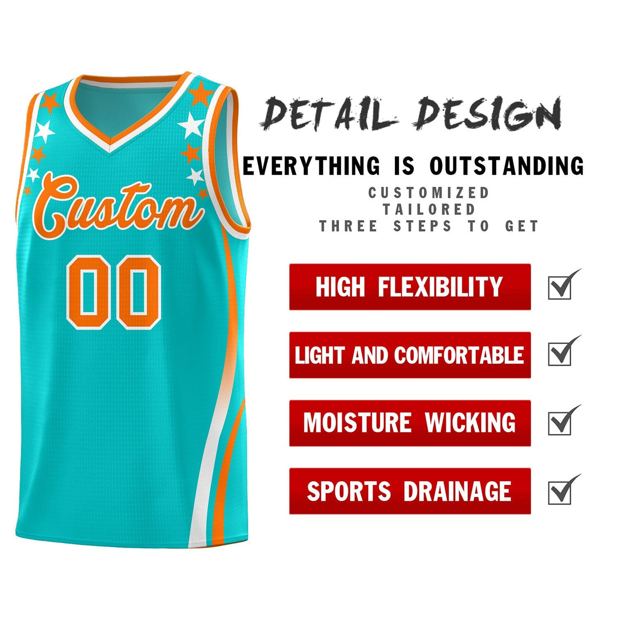 Custom Sky Blue Shoulders Star Pattern Side Color Block Sports Uniform Basketball Kits