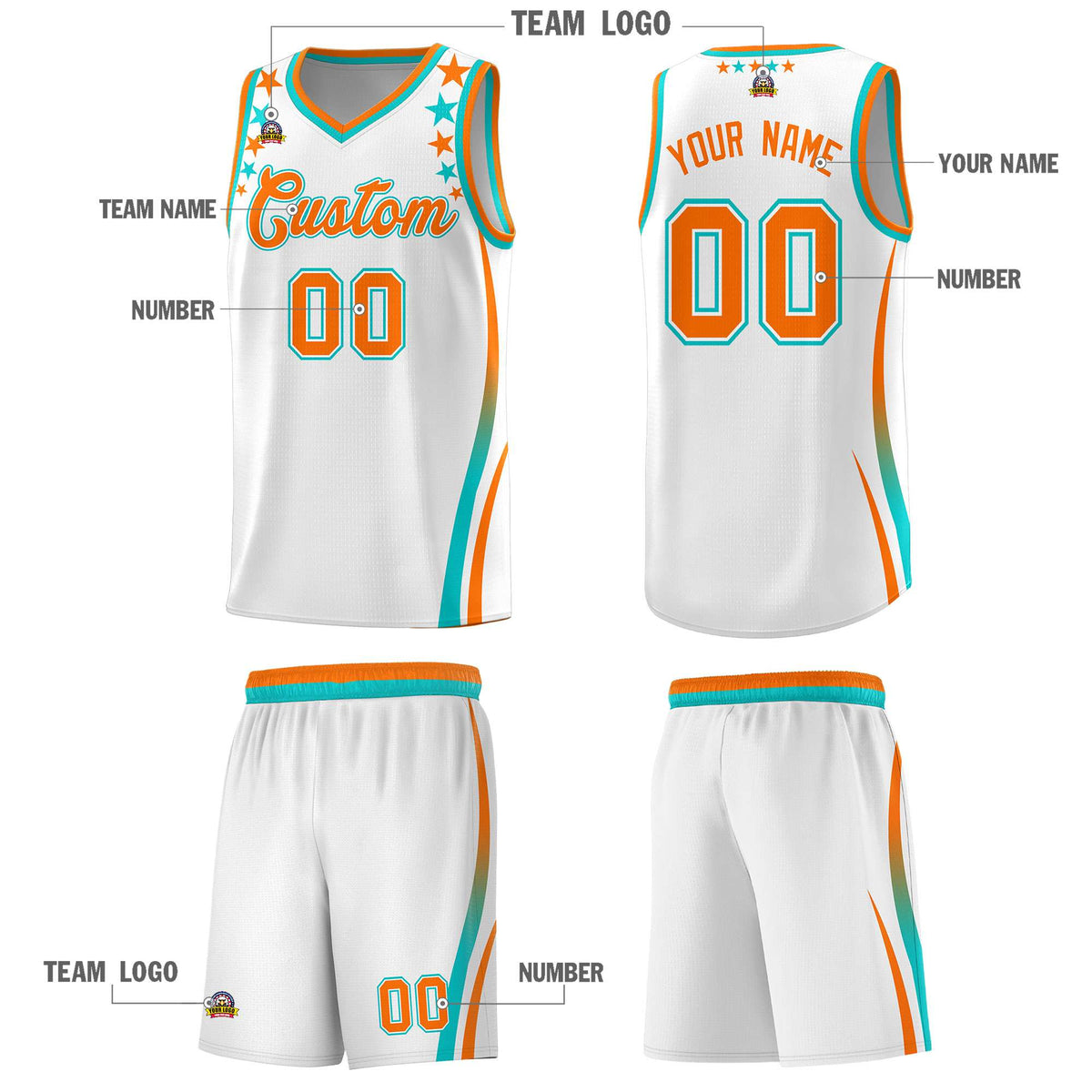 Custom White Shoulders Star Pattern Side Color Block Sports Uniform Basketball Kits