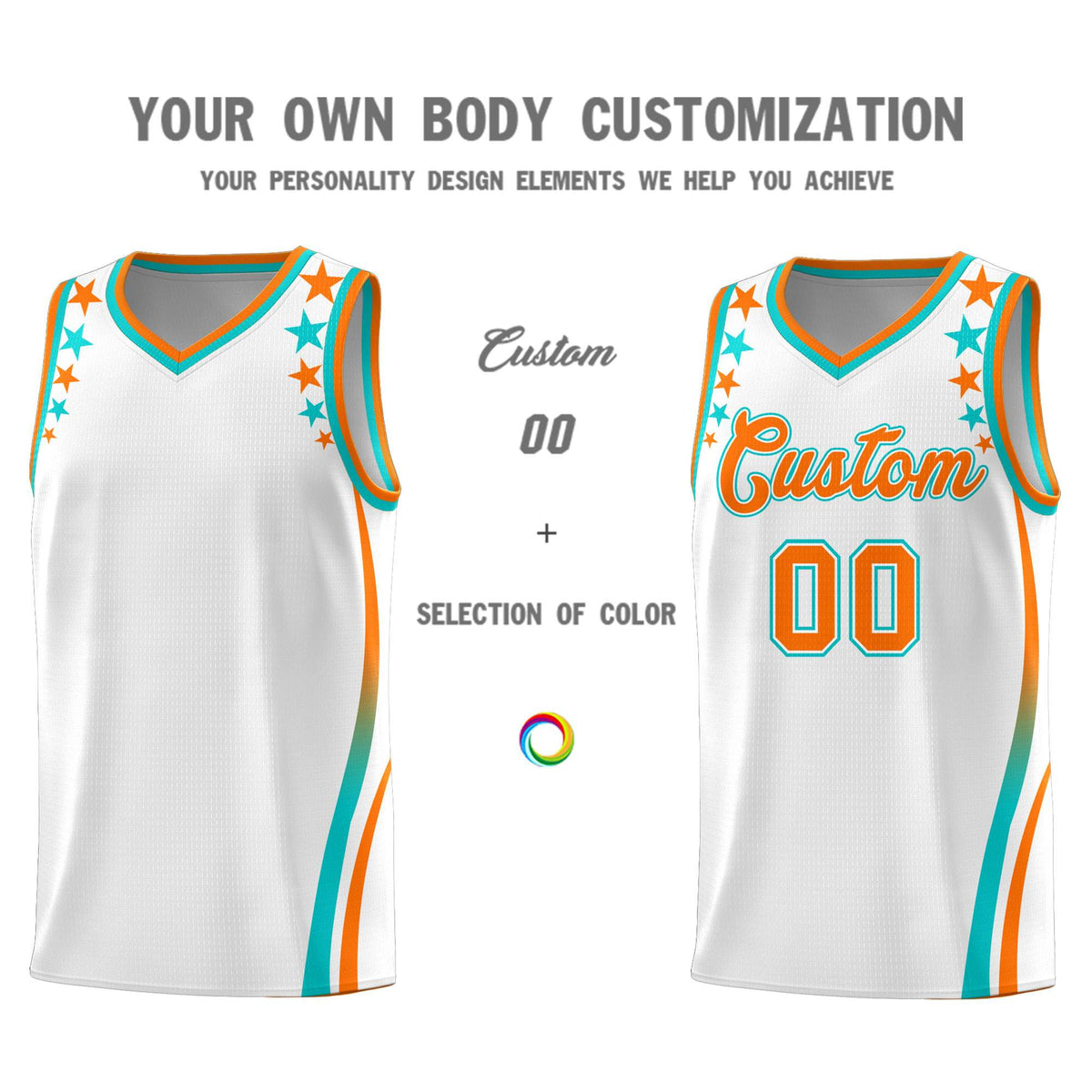 Custom White Shoulders Star Pattern Side Color Block Sports Uniform Basketball Kits