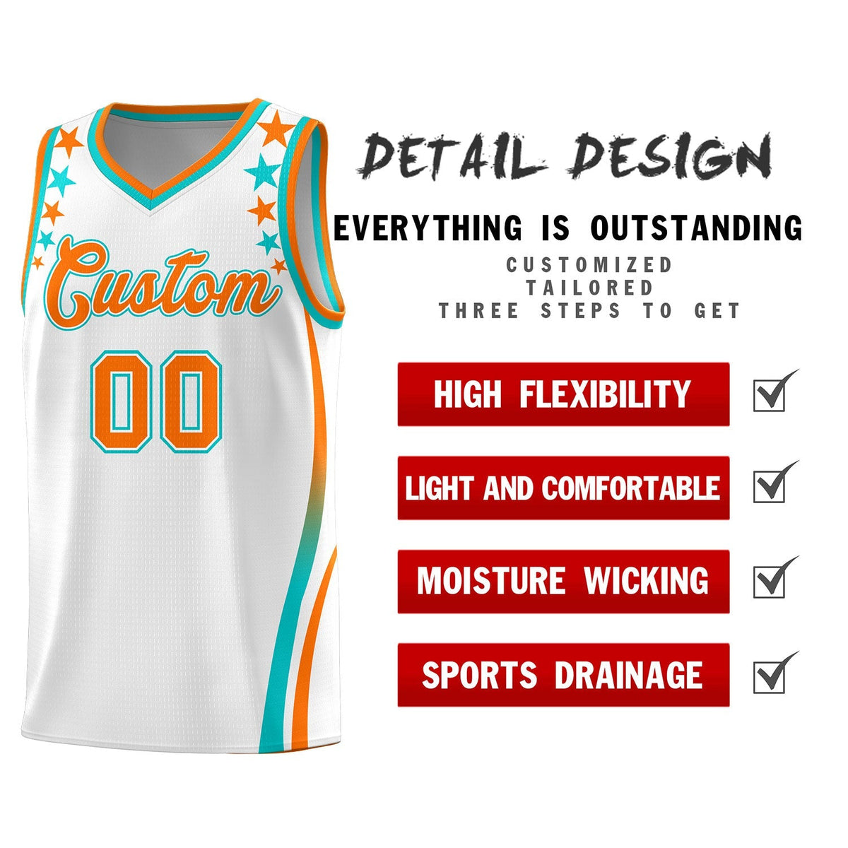Custom White Shoulders Star Pattern Side Color Block Sports Uniform Basketball Kits