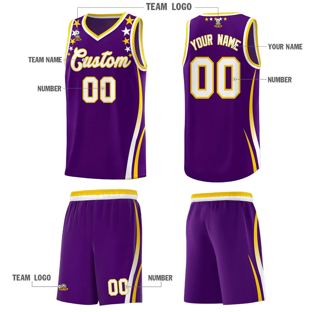 Custom Purple Shoulders Star Pattern Side Color Block Sports Uniform Basketball Kits