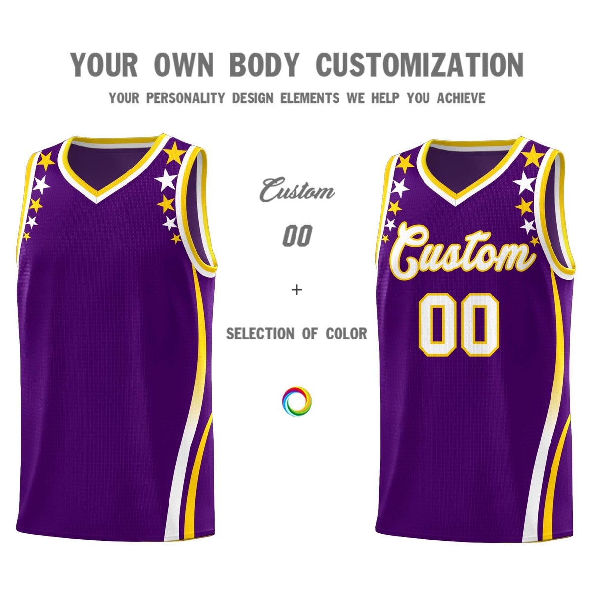 Custom Purple Shoulders Star Pattern Side Color Block Sports Uniform Basketball Kits