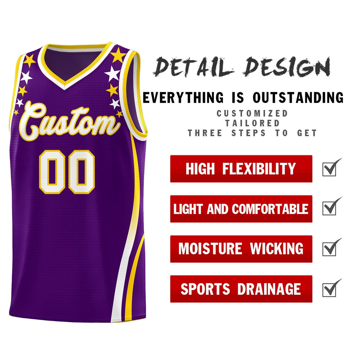 Custom Purple Shoulders Star Pattern Side Color Block Sports Uniform Basketball Kits