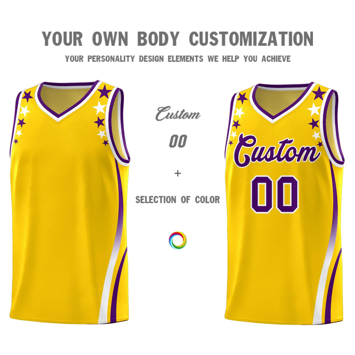 Custom Gold Shoulders Star Pattern Side Color Block Sports Uniform Basketball Kits