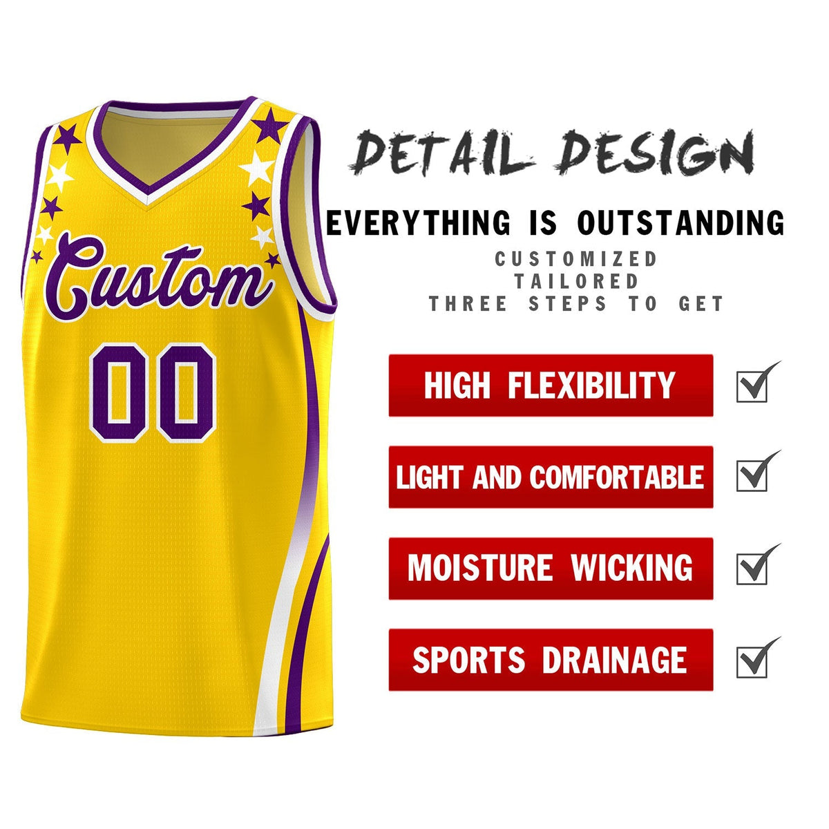 Custom Gold Shoulders Star Pattern Side Color Block Sports Uniform Basketball Kits