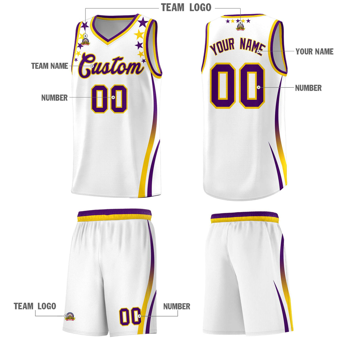 Custom White Shoulders Star Pattern Side Color Block Sports Uniform Basketball Kits