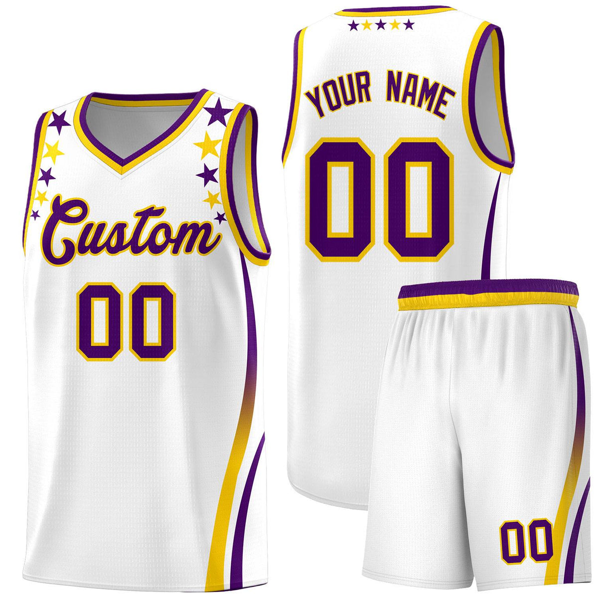 Custom White Shoulders Star Pattern Side Color Block Sports Uniform Basketball Kits