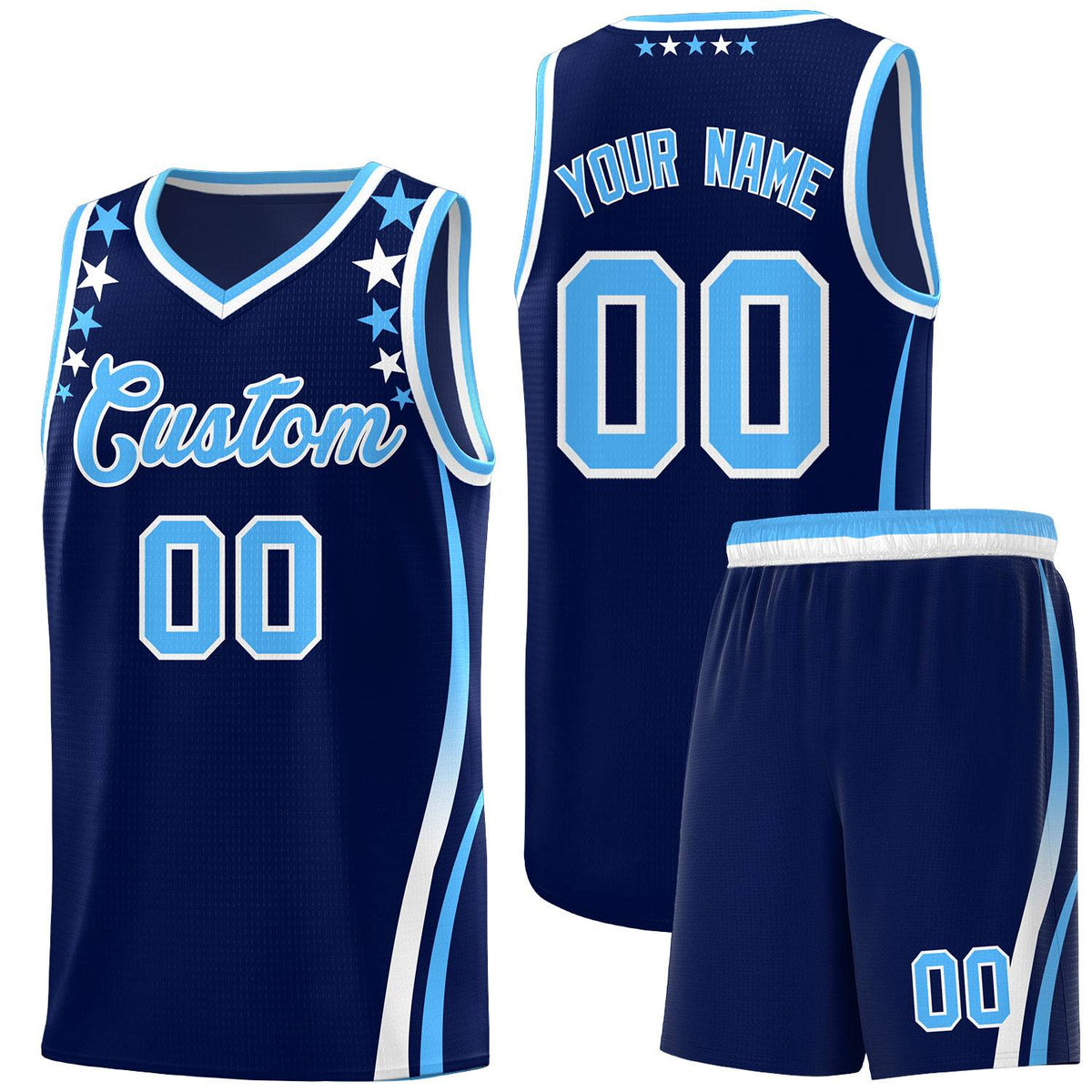 Custom Navy Shoulders Star Pattern Side Color Block Sports Uniform Basketball Kits