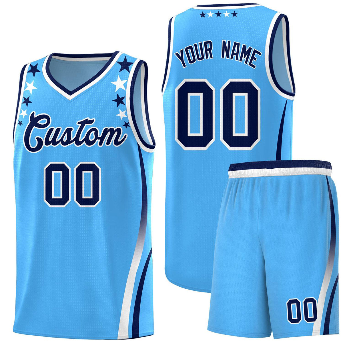 Custom Light Blue Shoulders Star Pattern Side Color Block Sports Uniform Basketball Kits