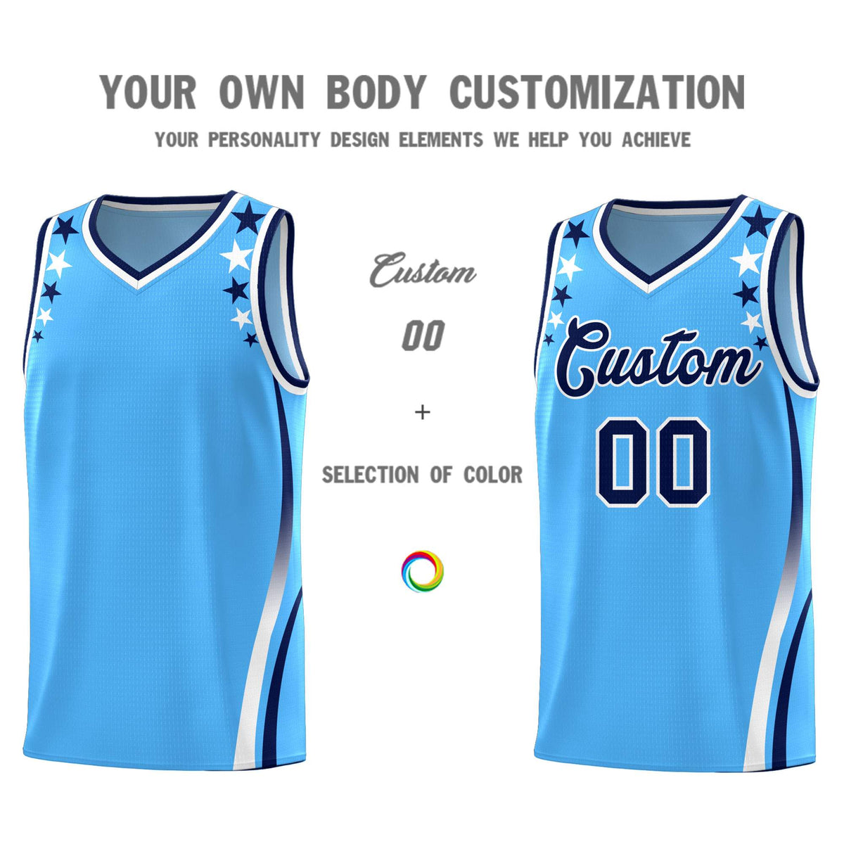 Custom Light Blue Shoulders Star Pattern Side Color Block Sports Uniform Basketball Kits