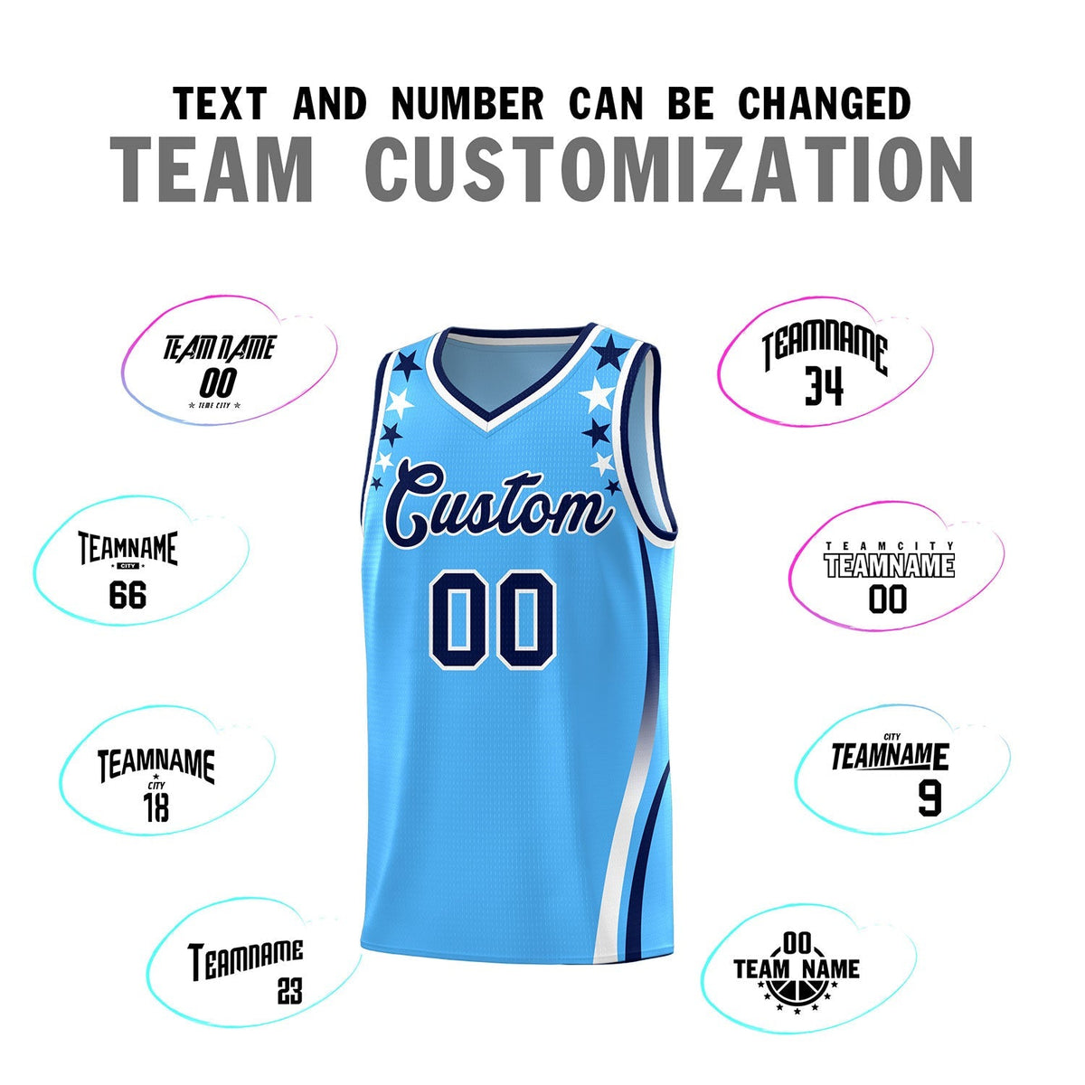 Custom Light Blue Shoulders Star Pattern Side Color Block Sports Uniform Basketball Kits