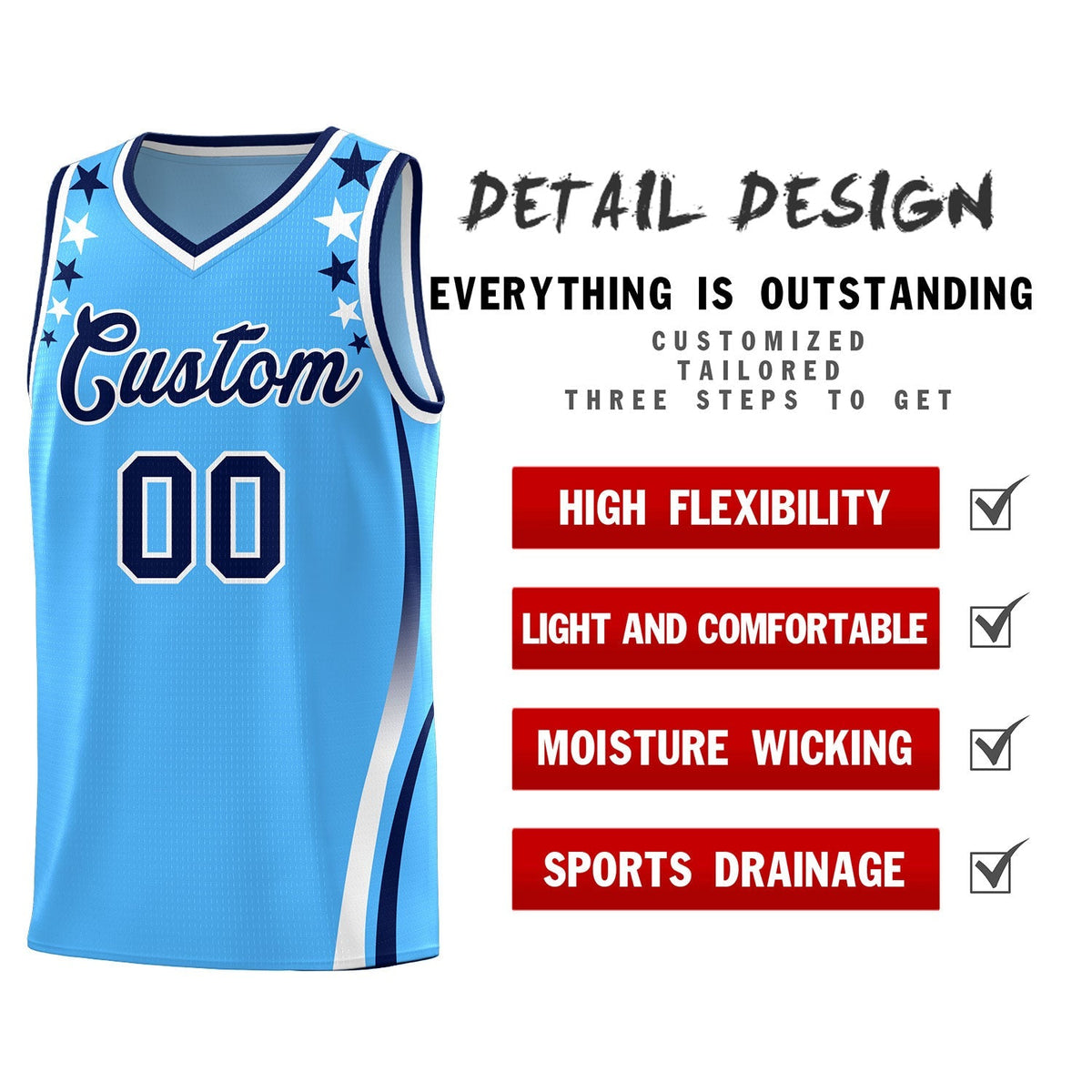 Custom Light Blue Shoulders Star Pattern Side Color Block Sports Uniform Basketball Kits