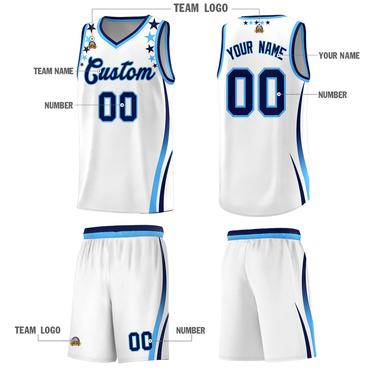 Custom White Shoulders Star Pattern Side Color Block Sports Uniform Basketball Kits