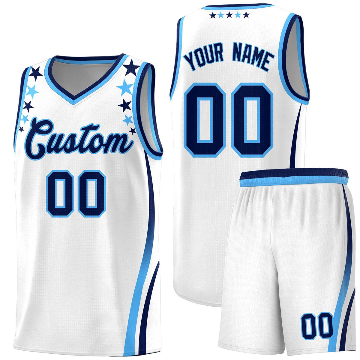 Custom White Shoulders Star Pattern Side Color Block Sports Uniform Basketball Kits