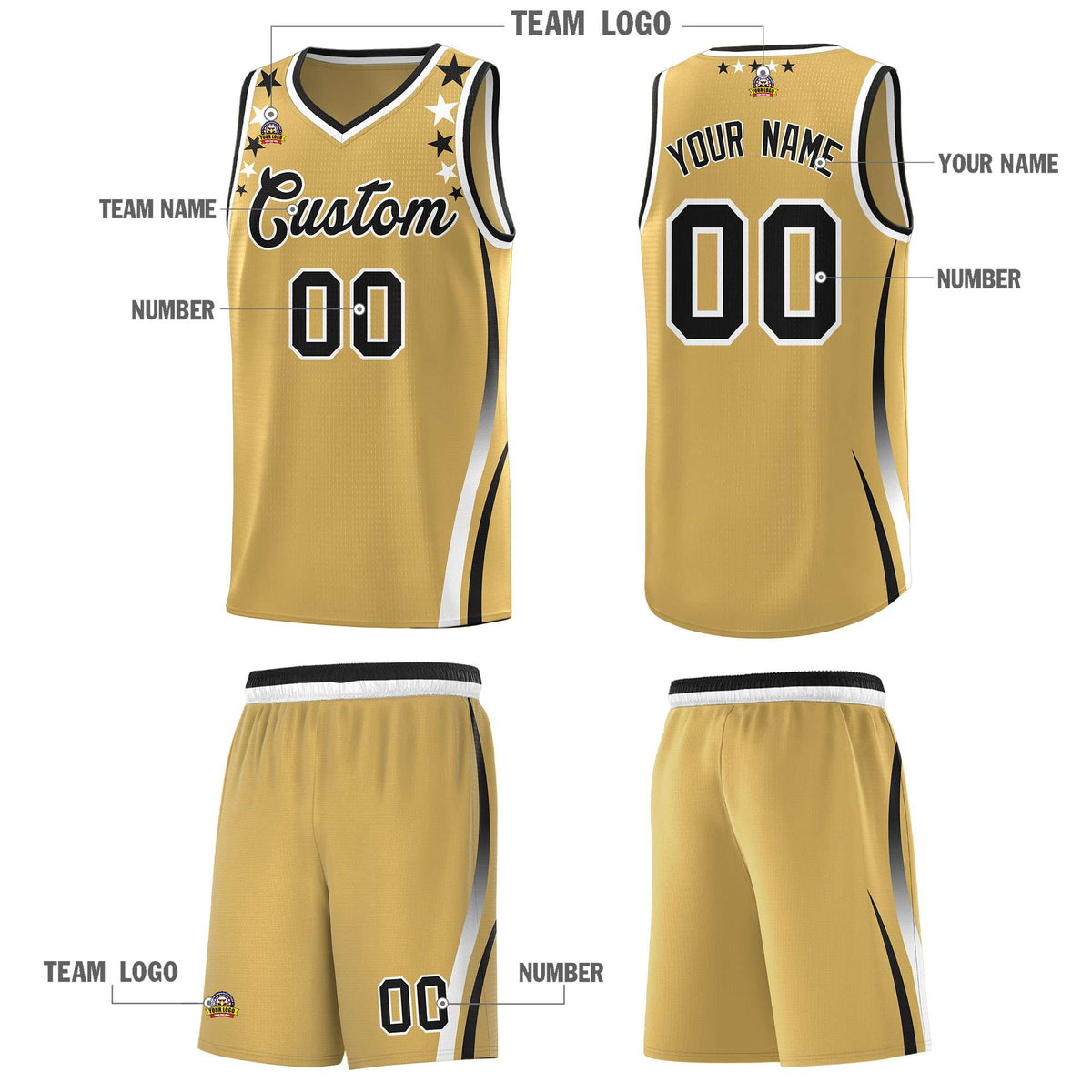 Custom Old Gold Shoulders Star Pattern Side Color Block Sports Uniform Basketball Kits