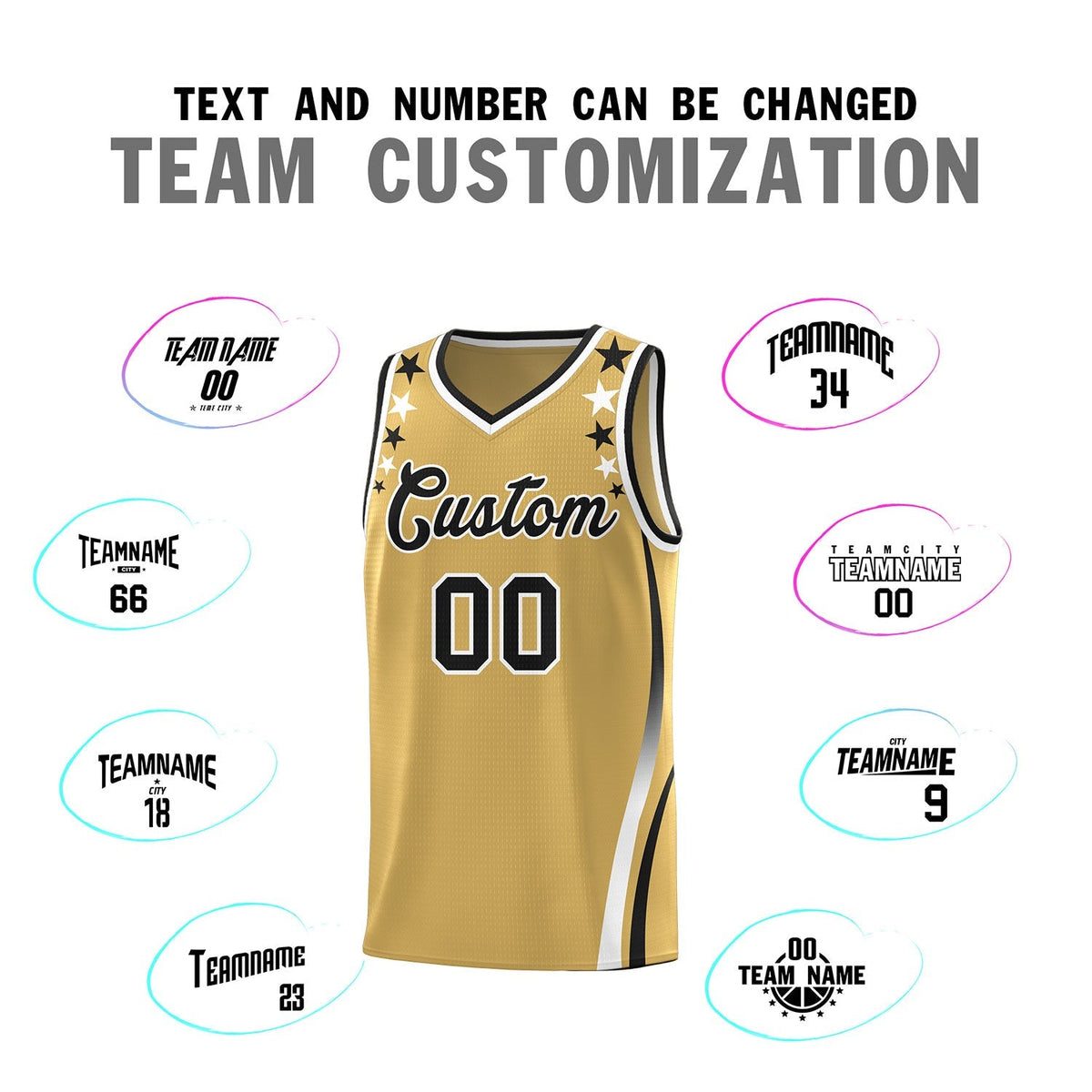 Custom Old Gold Shoulders Star Pattern Side Color Block Sports Uniform Basketball Kits