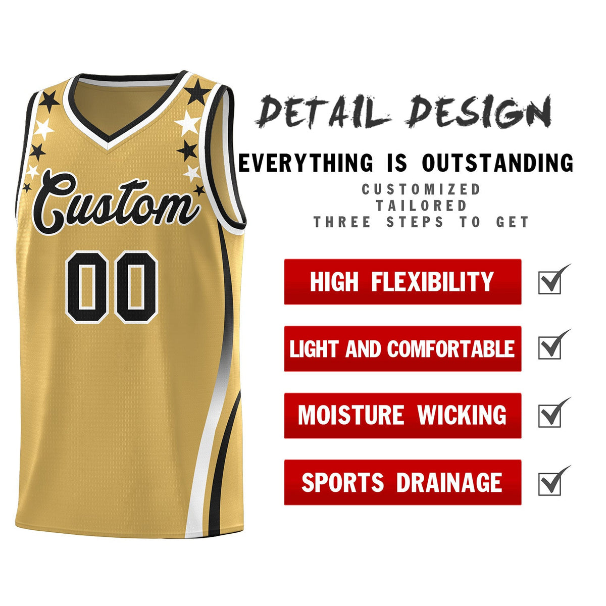 Custom Old Gold Shoulders Star Pattern Side Color Block Sports Uniform Basketball Kits