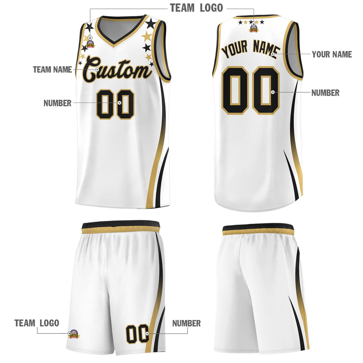 Custom White Shoulders Star Pattern Side Color Block Sports Uniform Basketball Kits
