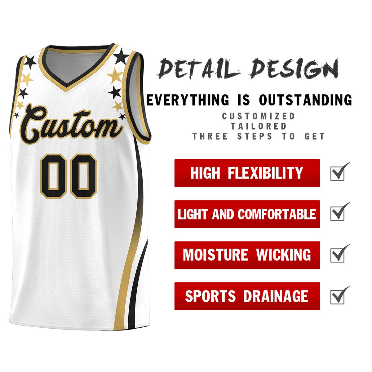 Custom White Shoulders Star Pattern Side Color Block Sports Uniform Basketball Kits