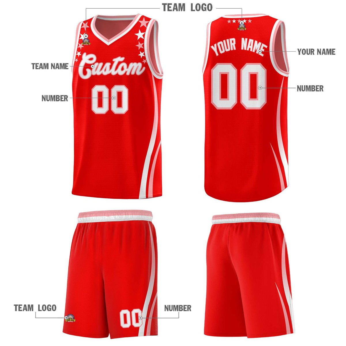 Custom Red Shoulders Star Pattern Side Color Block Sports Uniform Basketball Kits