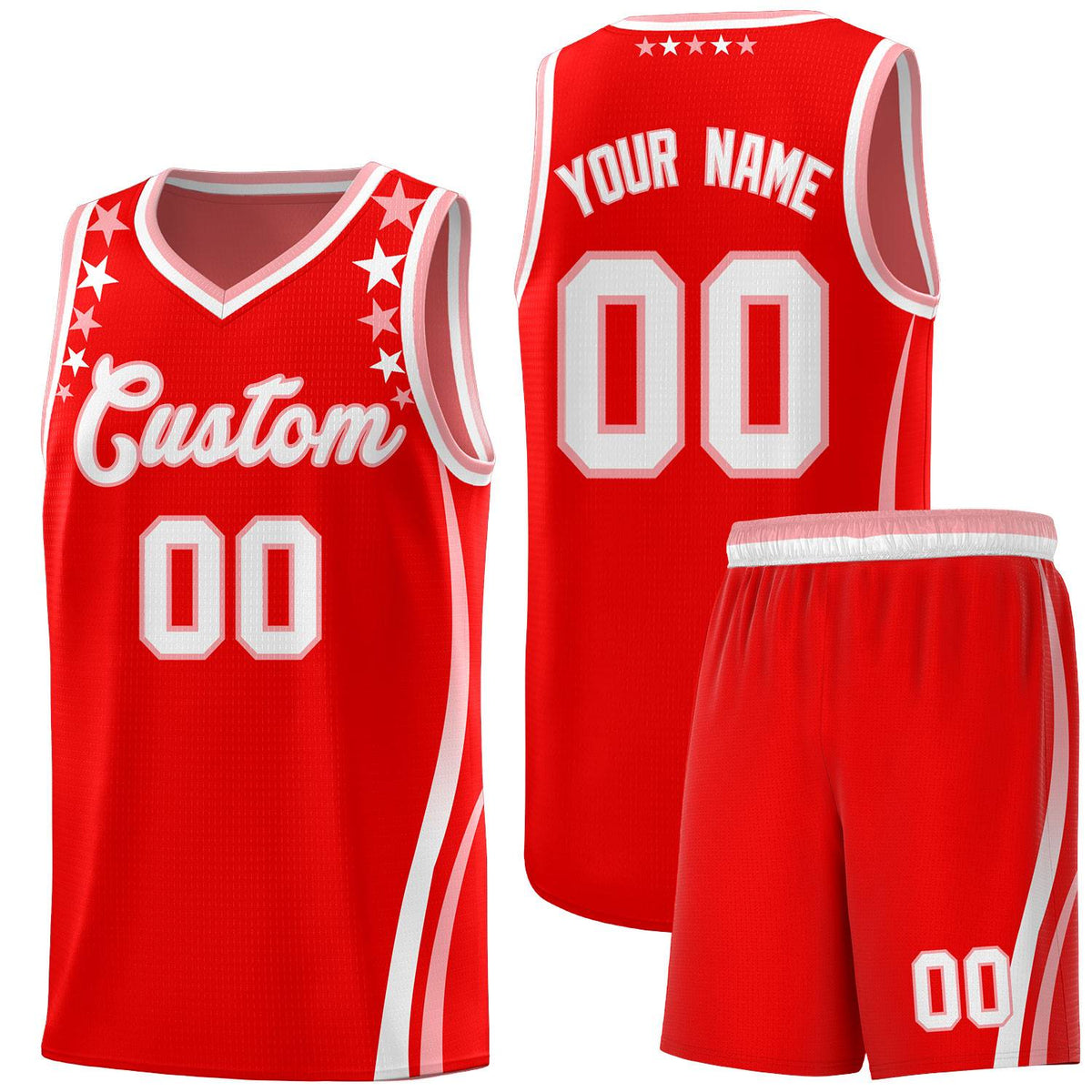 Custom Red Shoulders Star Pattern Side Color Block Sports Uniform Basketball Kits