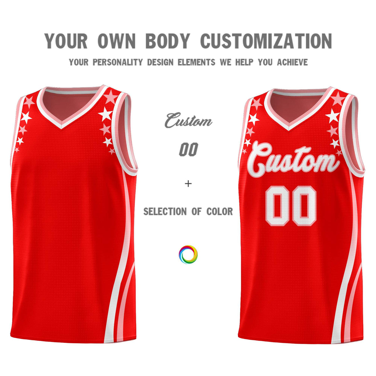 Custom Red Shoulders Star Pattern Side Color Block Sports Uniform Basketball Kits