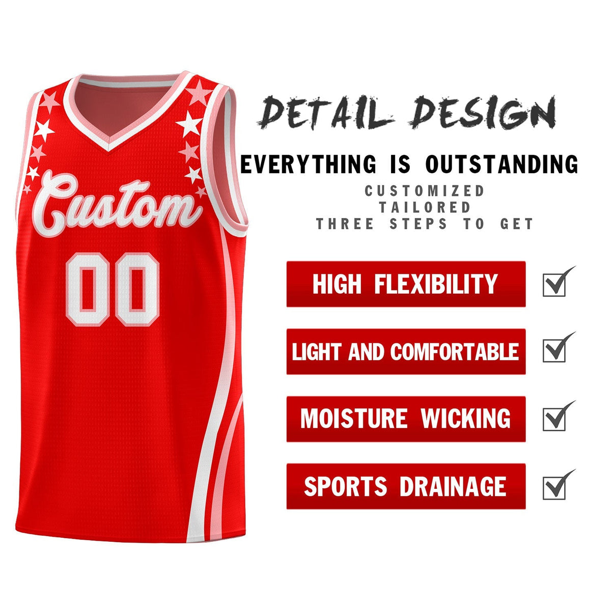 Custom Red Shoulders Star Pattern Side Color Block Sports Uniform Basketball Kits