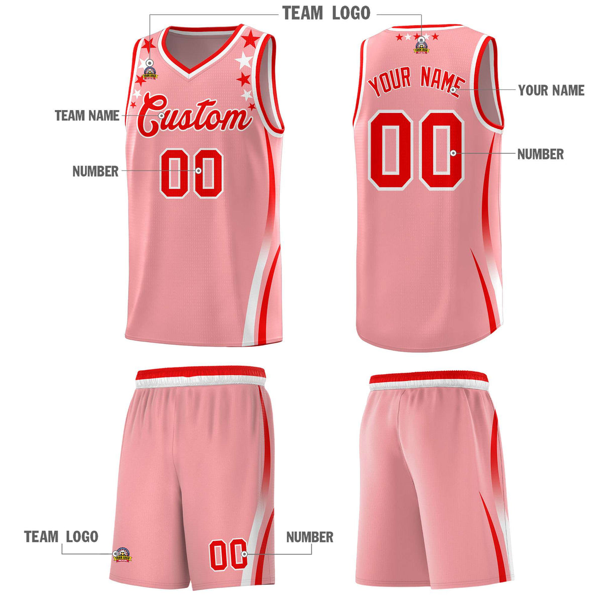 Custom Pink Shoulders Star Pattern Side Color Block Sports Uniform Basketball Kits