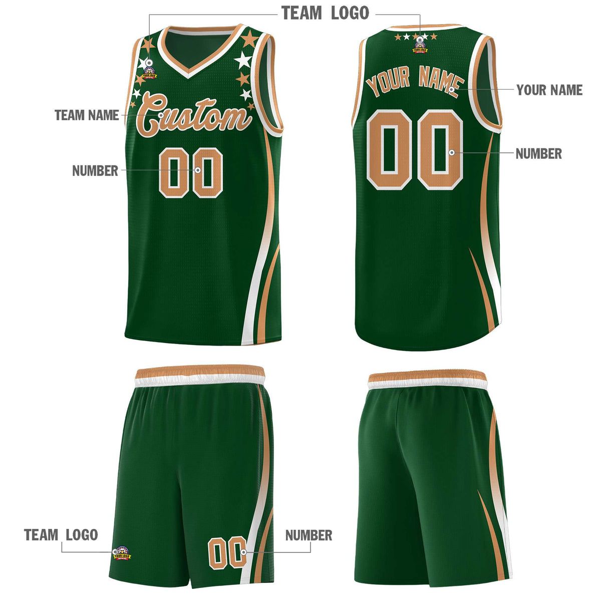 Custom Green Shoulders Star Pattern Side Color Block Sports Uniform Basketball Kits