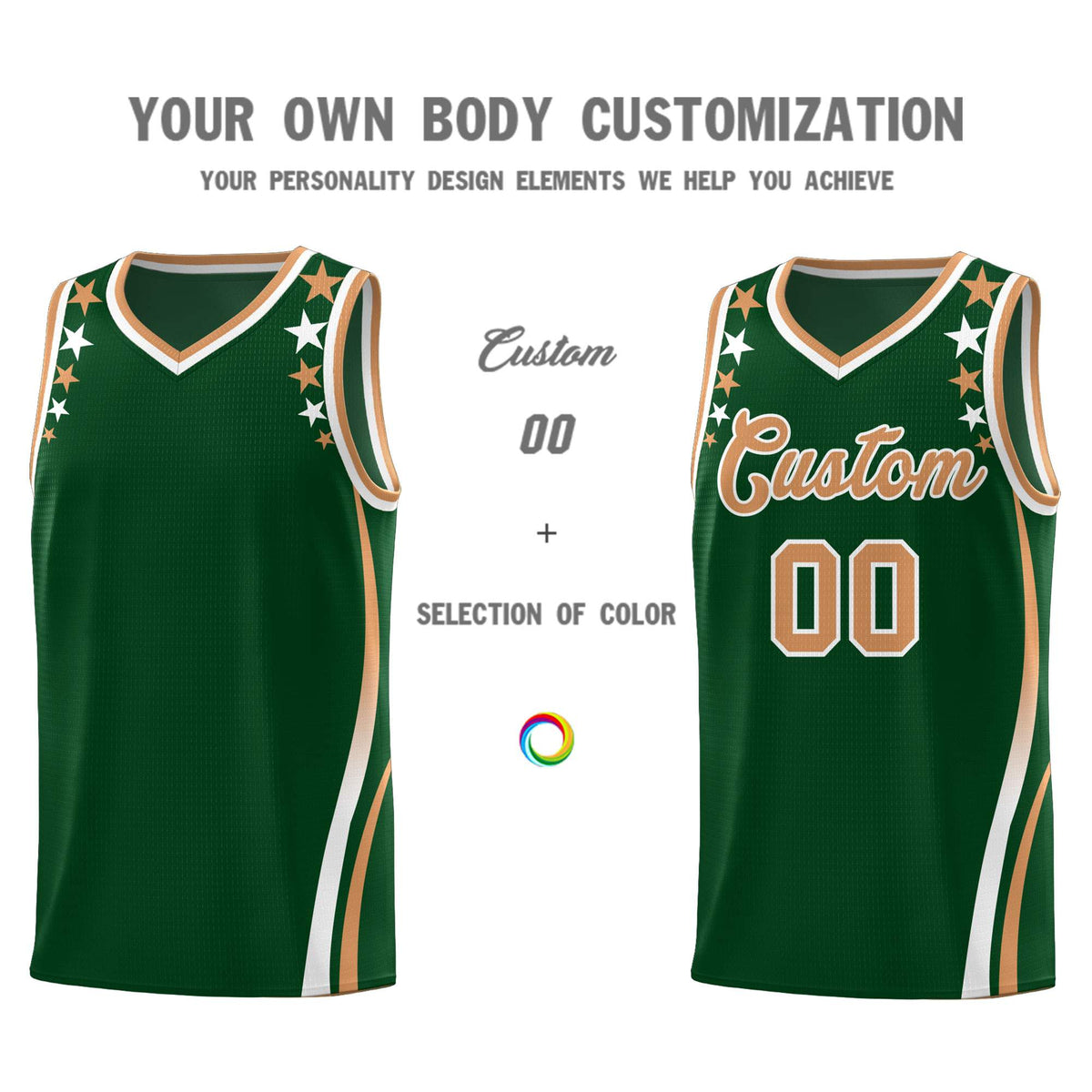 Custom Green Shoulders Star Pattern Side Color Block Sports Uniform Basketball Kits