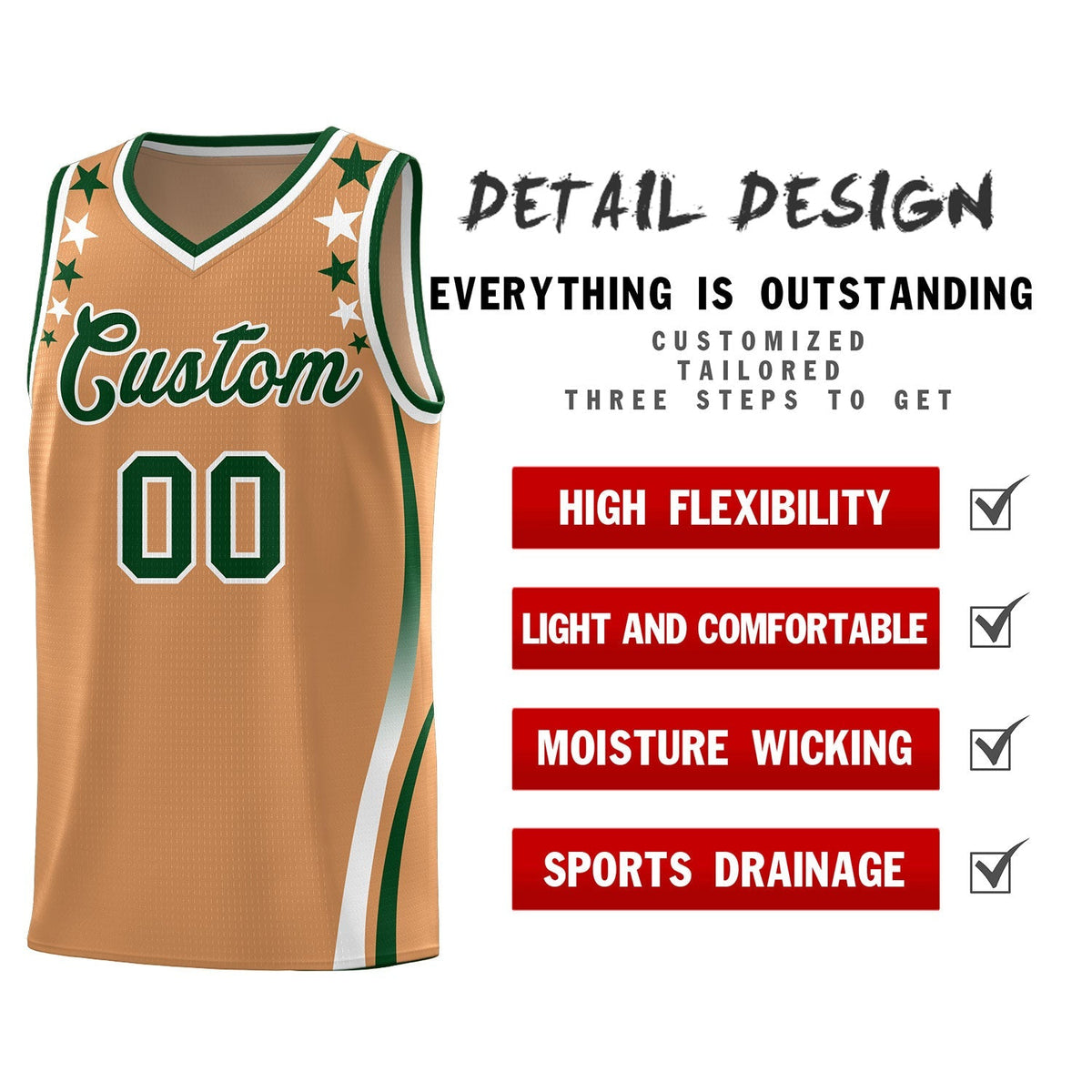 Custom Light Brown Shoulders Star Pattern Side Color Block Sports Uniform Basketball Kits