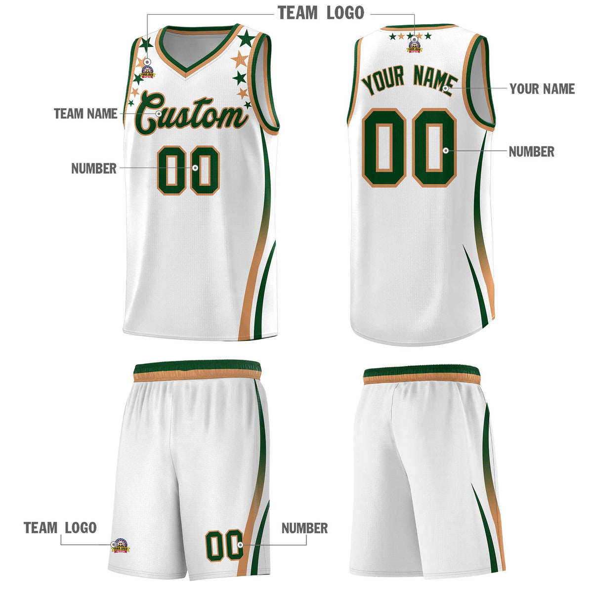 Custom White Shoulders Star Pattern Side Color Block Sports Uniform Basketball Kits
